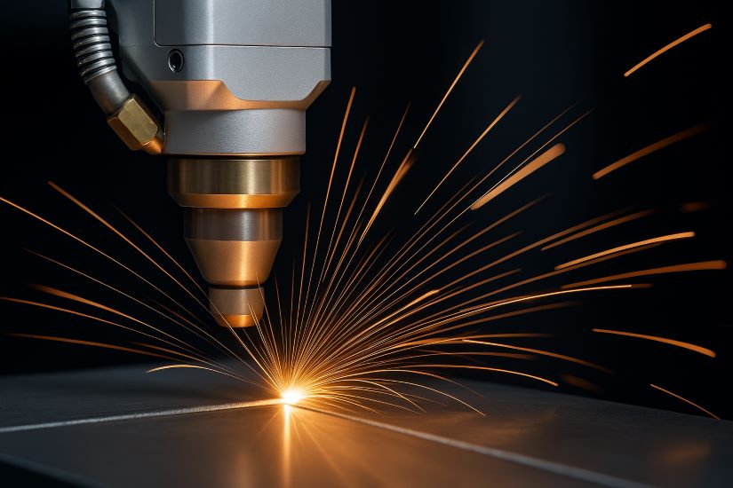 Máquina de corte a laser em operação com faíscas