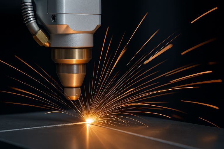 Máquina de corte a laser em operação com faíscas