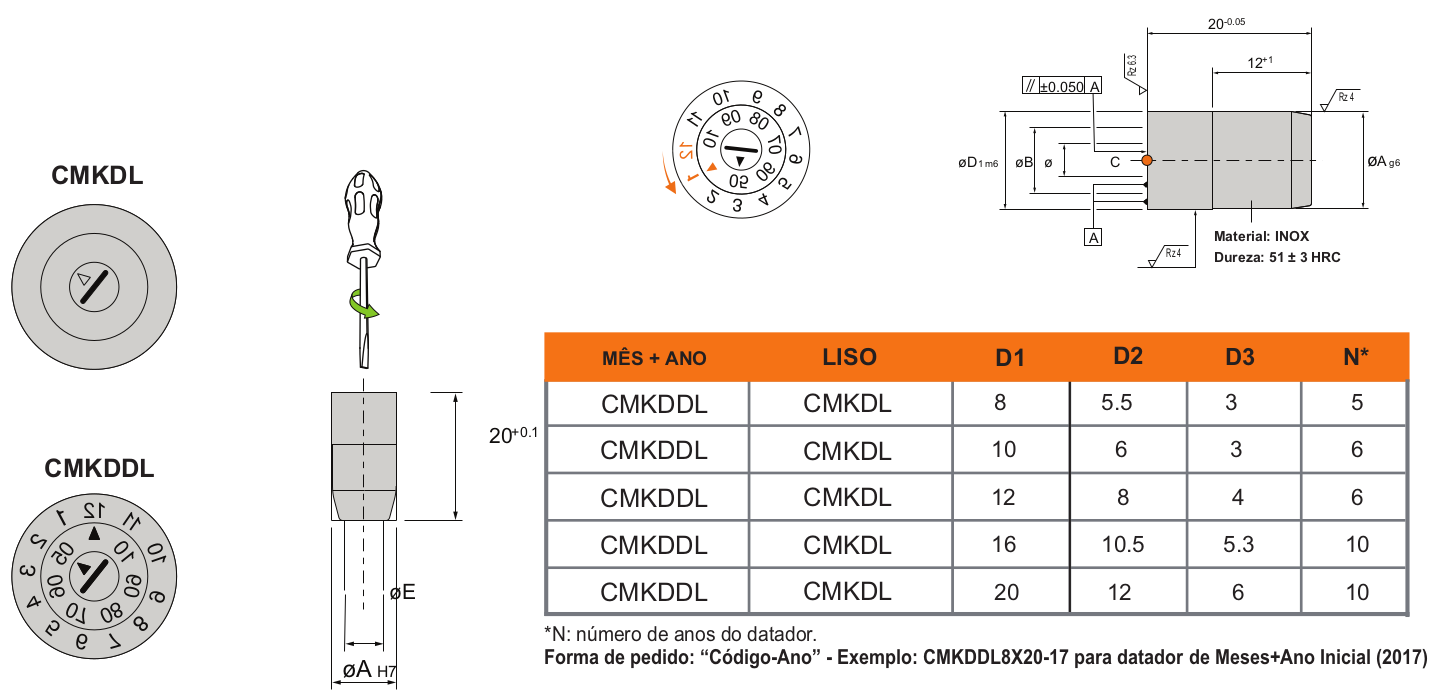 Datador duplo: desenho técnico e tabela.